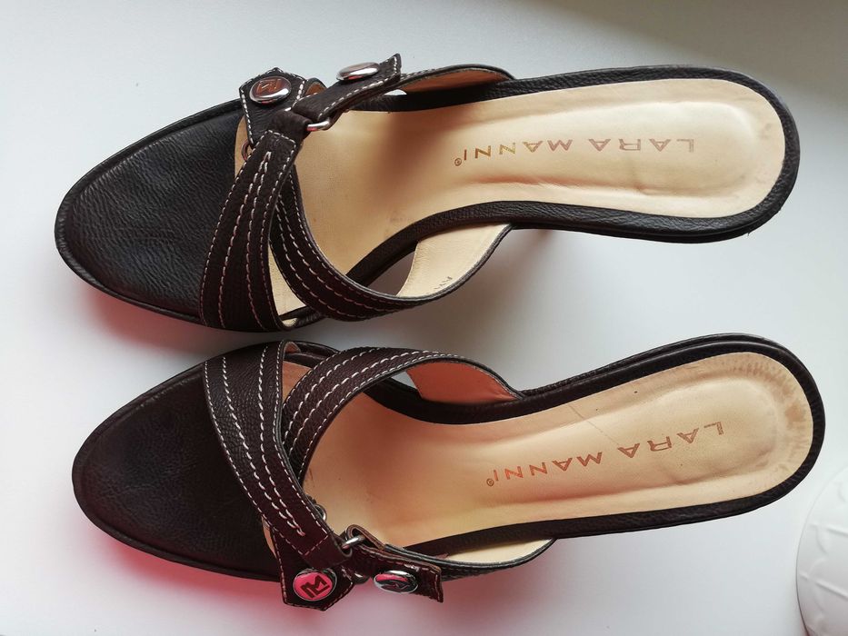 klapki damskie na koturnach na platformie 36,5 sandały 100% skóra brąz