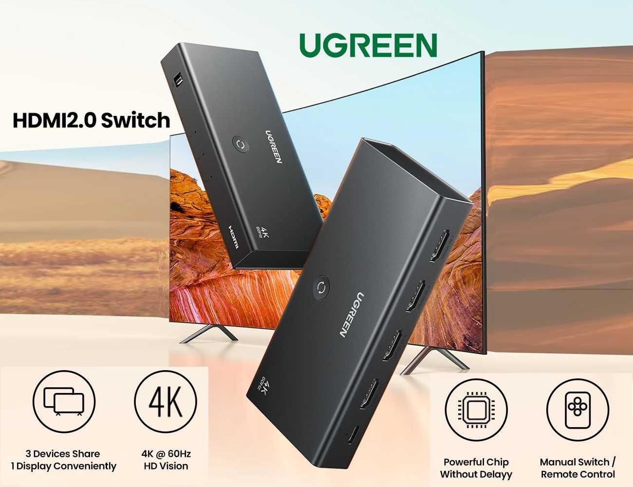 Ugreen HDMI переключатель коммутатор Switch 3-в-1 4k 60hz 2k 120hz