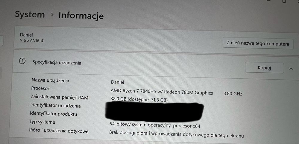 Acer Nitro 16" rtx4070 ryzen 7 32GB