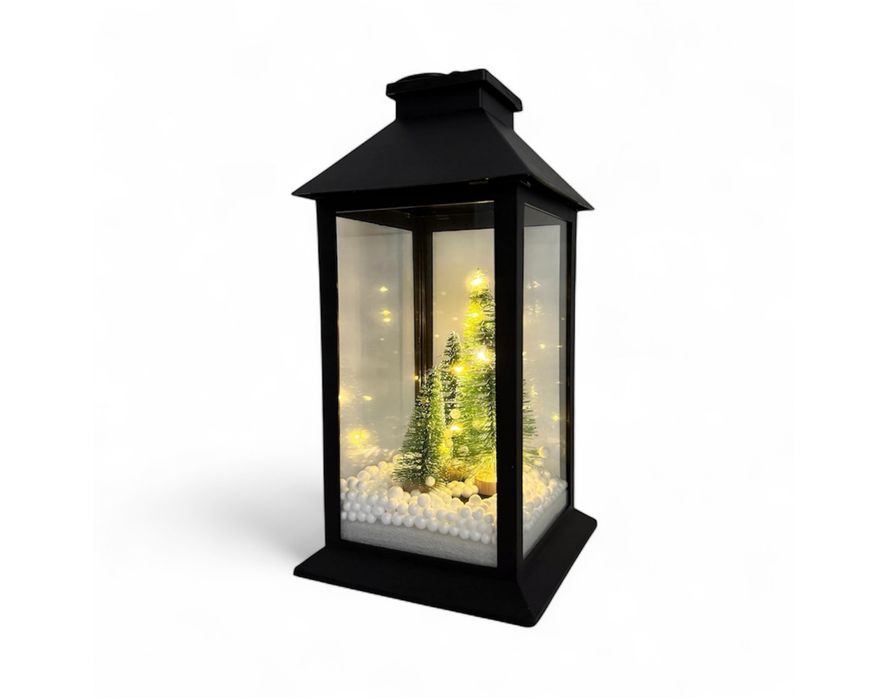 Świąteczna latarnia LED z choinką 29 cm – kolor czarny, ciepłe światło