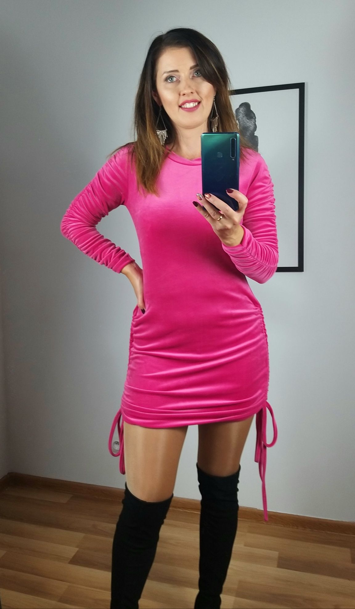 Sukienka mini welur r. S M Nowa różowa