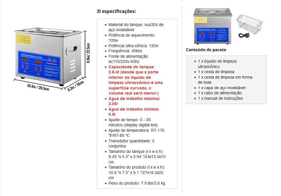 Maquina limpeza ultrassom 3 litros nova