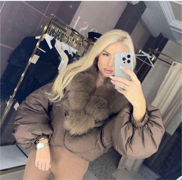 Кофейна куртка пуфер з натуральним хутром песця