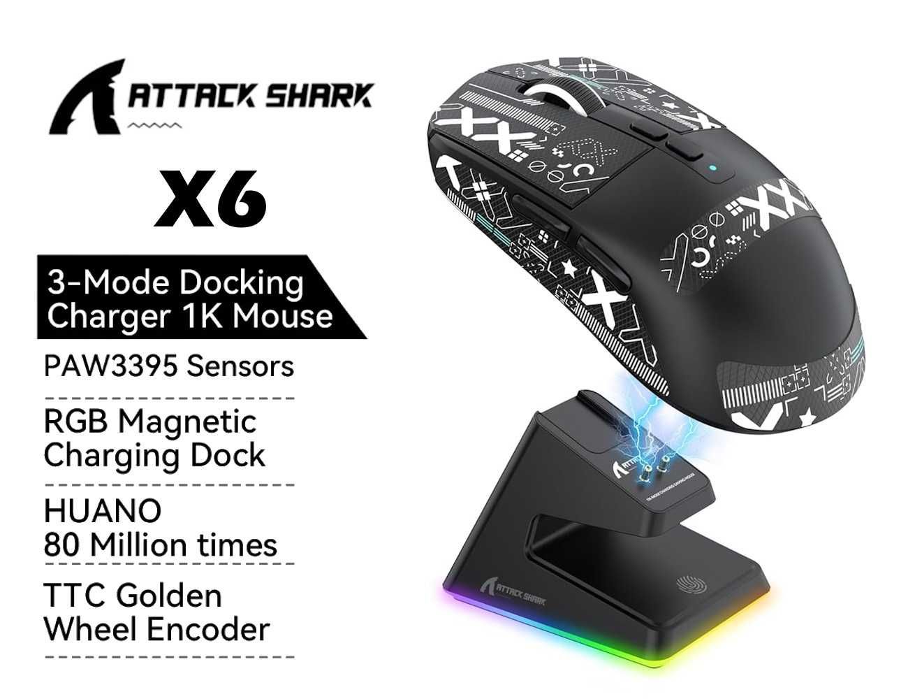 Игровая мышь Attack Shark X6 PAW3395 с зарядной базой Bluetooth Black