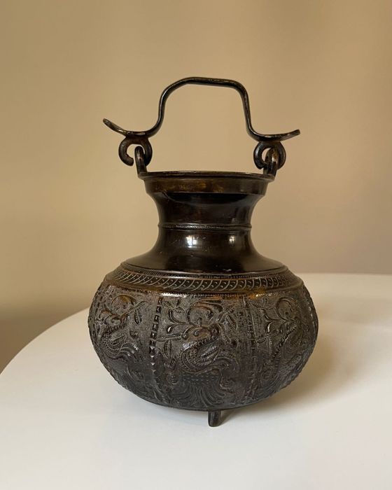 Waza Na Wodę Sri Lanka Motyw Pawia 19.5cm Vintage Brąz Mosiądz