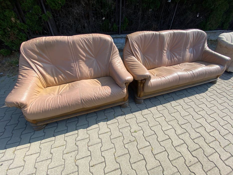 Klasyczny wypoczynek z Niemiec Sofa 3+2 dębowy stelaż DOWÓZ DO DOMU