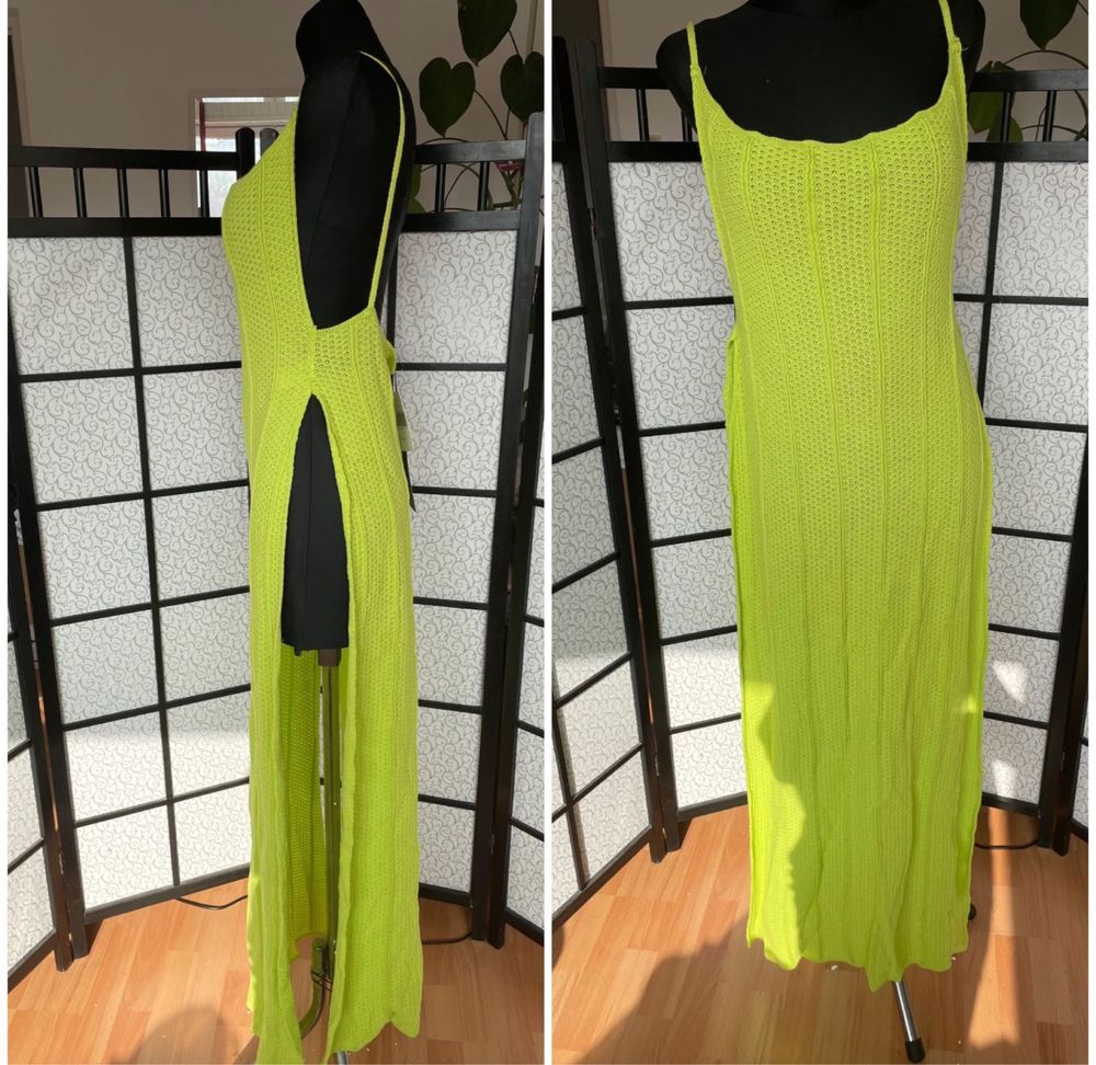 Zielona neonowa sukienka plażowa pleciona  ażurowa L 40 xl 42 tall