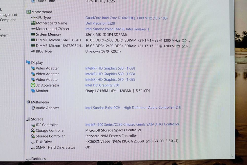 Dell Precision 5520 i7-6820HQ 32RAM 256SSD M1200 FHD IPS 15.6”
