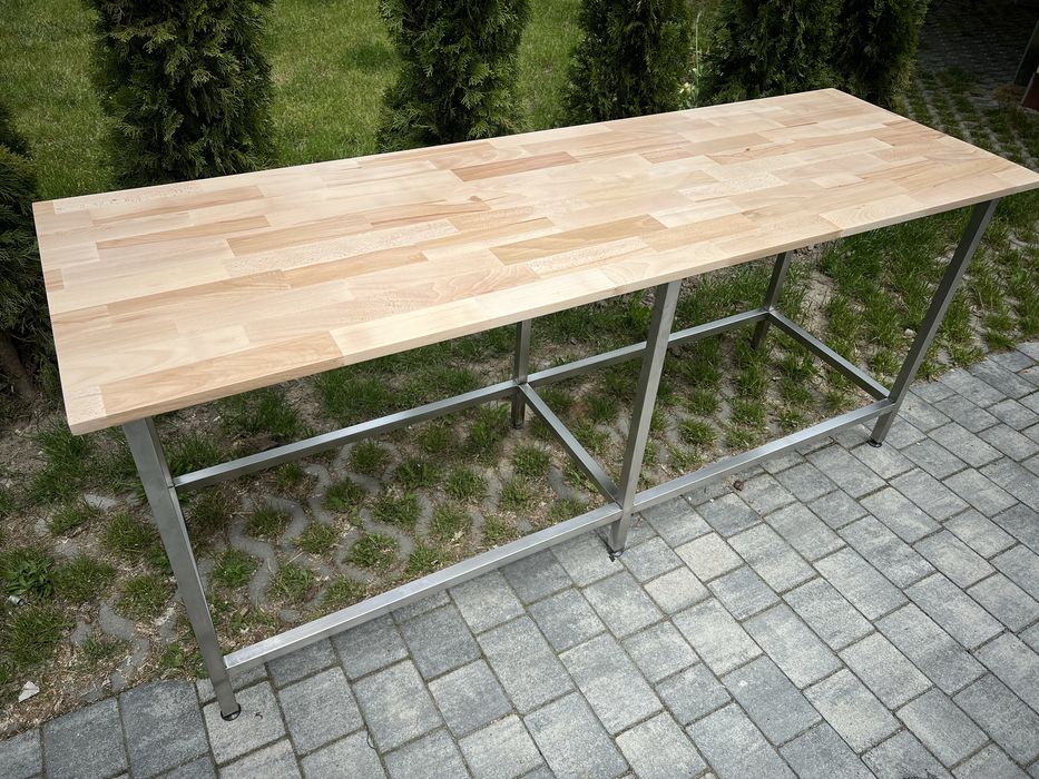 Stół ze stali nierdzewnej z drewnianym blatem 2000x650x850