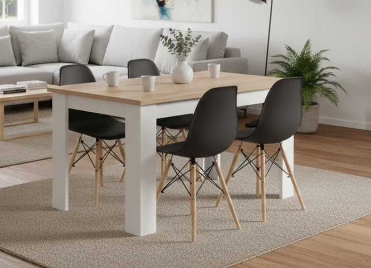 NOWY Stół z Krzesłami Drewniany do Kuchni Salonu Jadalni Biały Sonoma