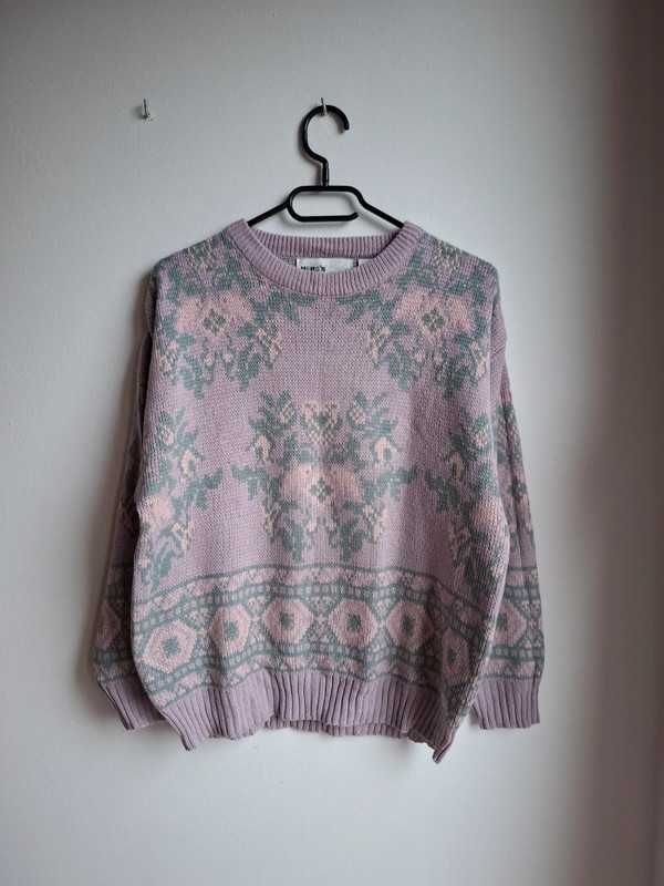 Sweter liliowy fioletowy vintage unikat we wzory oversize 36 38 40