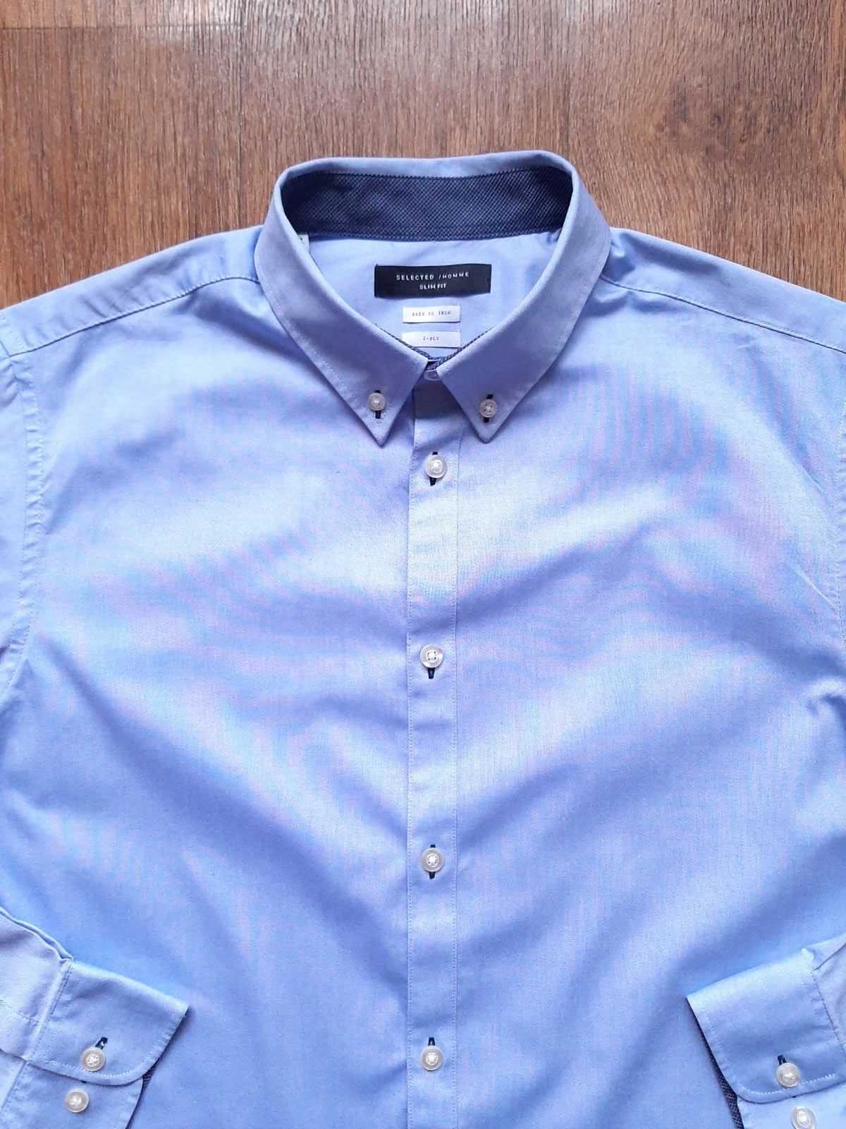 Рубашка голубая selected homme блакитна slim fit розмір m, s 42 см