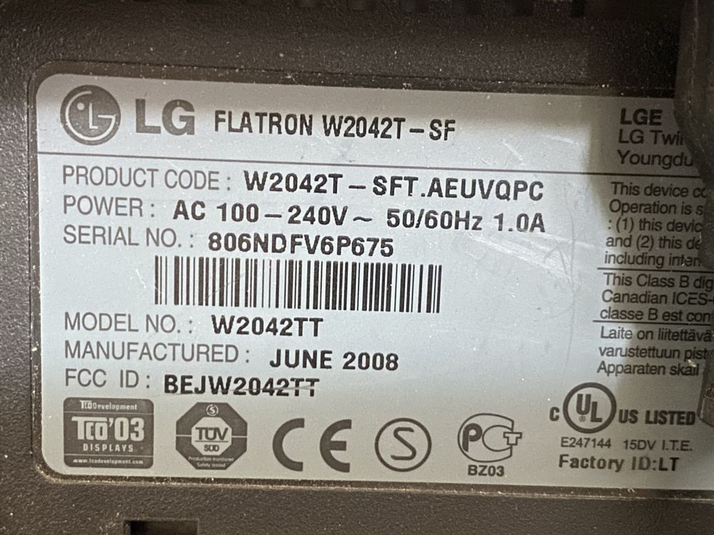 Продам монитор “LG" W2042TT