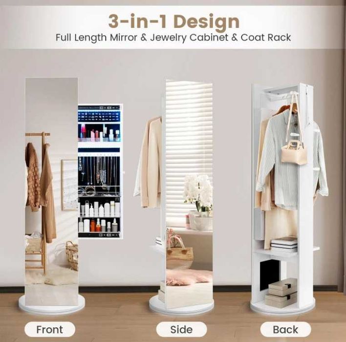 Toaletka Szafka na Biżuterię Obrotowa z Lustrem i Podświetleniem LED