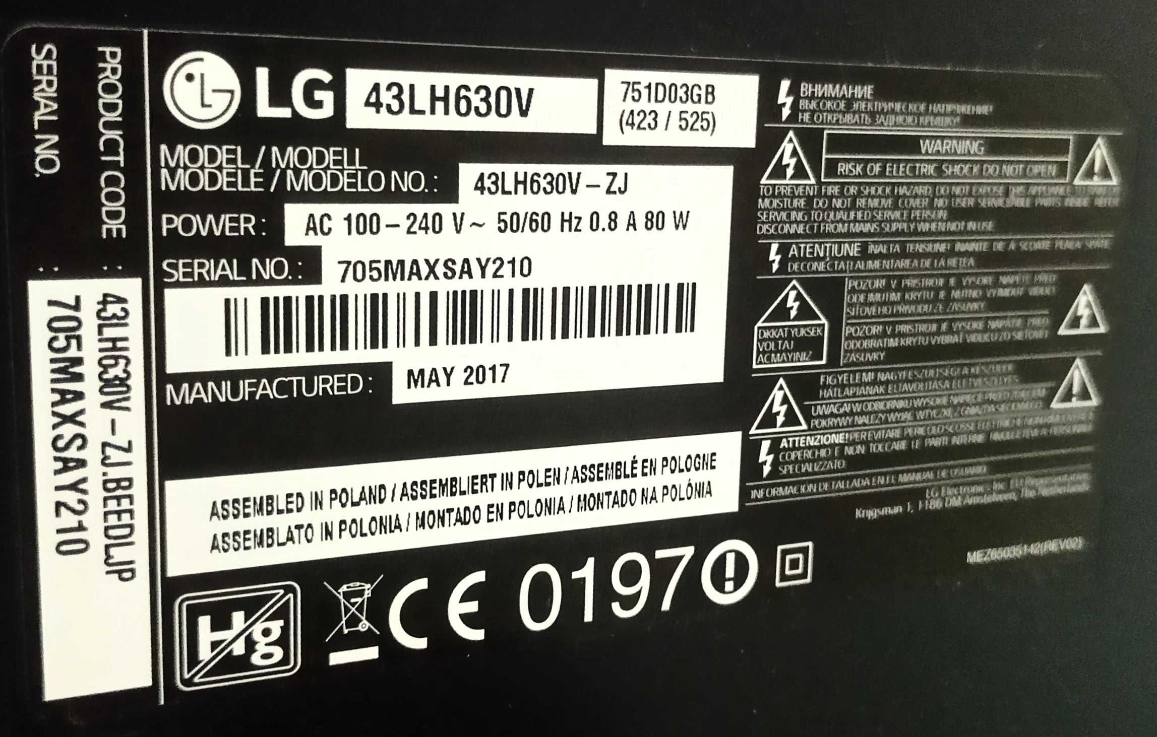 Telewizor LG LED 43 cale Full HD. Z tunerem DVB-T2, DVB-S2, Smart TV