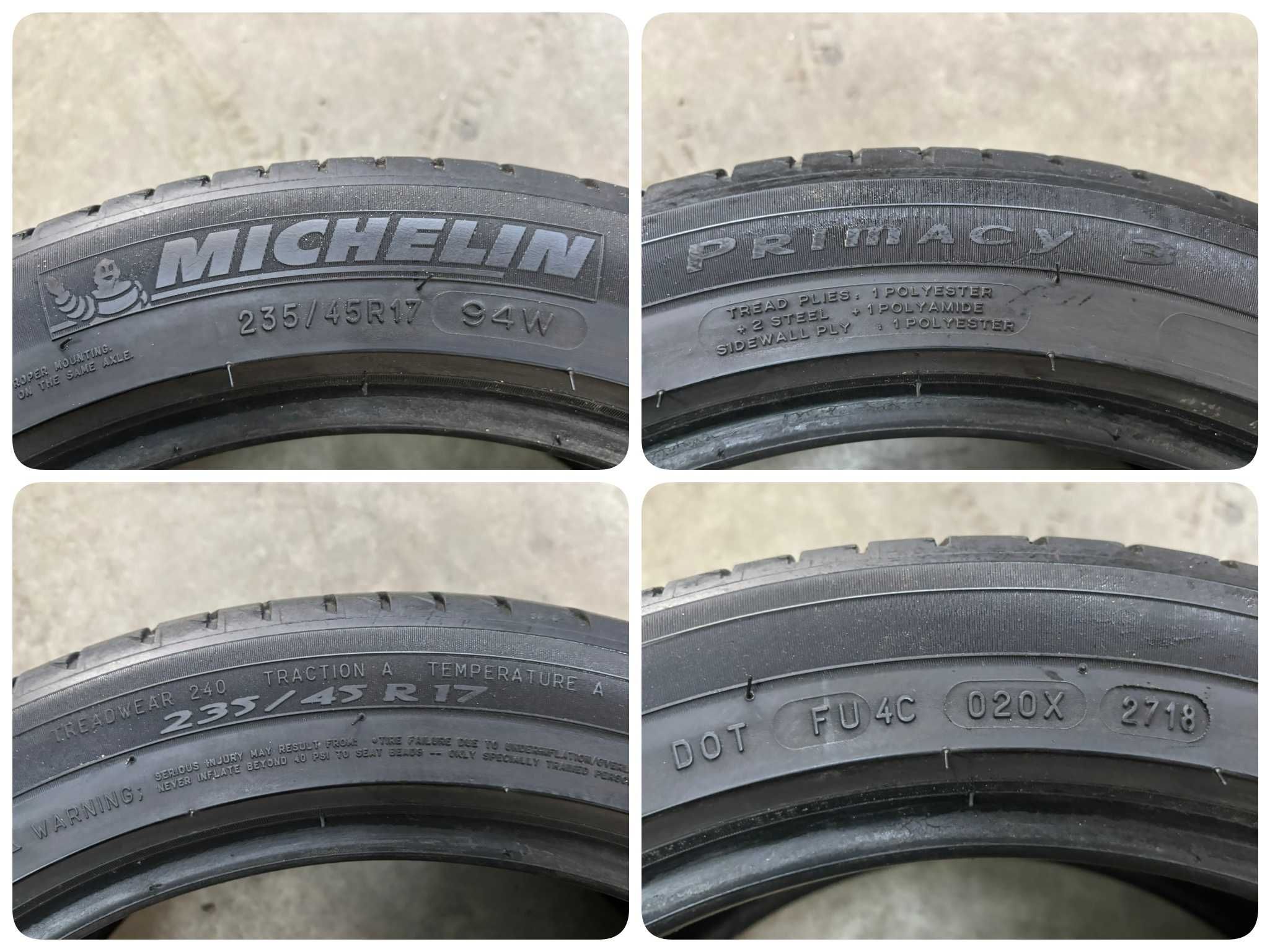 4X OPONY LETNIE 235/45R17 94W Michelin Primacy 3 5.2MM 2018R CAŁE!