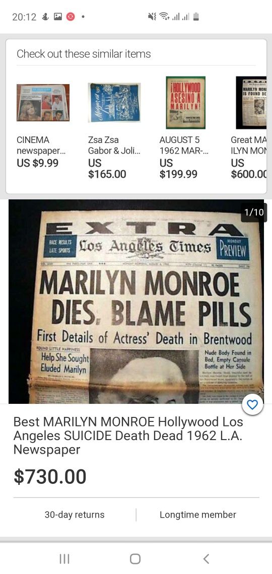 Раритетная газета первый выпуск о смерти Marilyn Monroe 6 Августа 1965