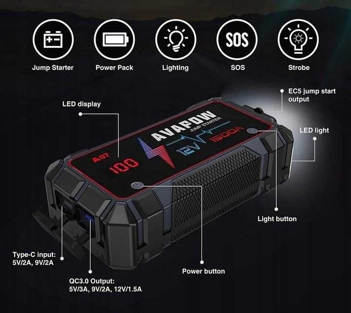 BOOSTER rozruch jump starter 1500A 12800mAh AVAPOW A07