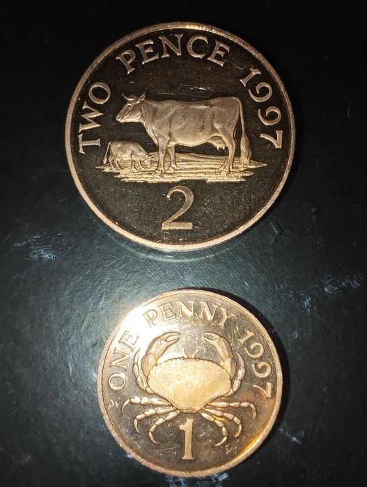 Moedas de 1 Penny 1997 e 2 Pence 1997 Proof Guernsey England
