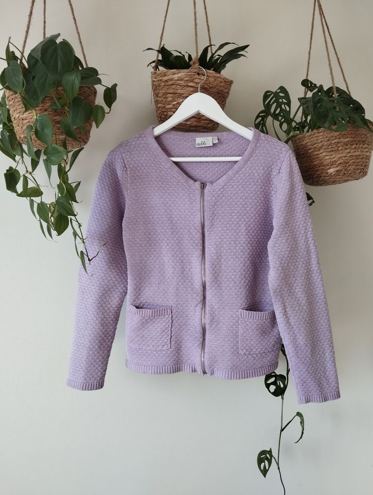 Sweter kardigan, na suwak, okrągły dekolt, szanelka, struktura r. L/XL