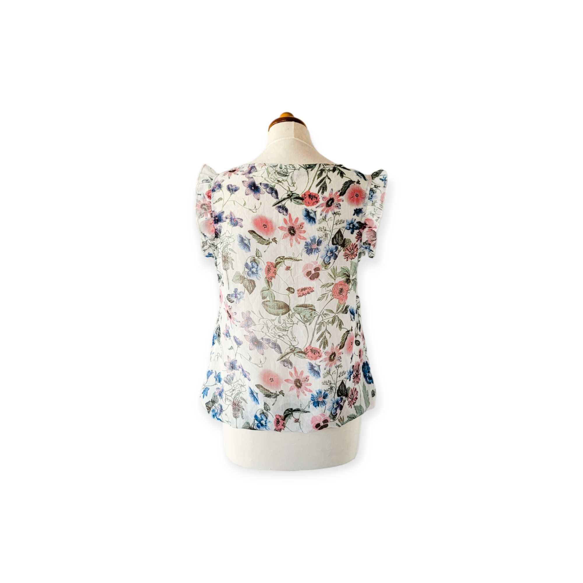 Kolorowa zwiewna bluzka damska M koszulka z falbanami boho kwiaty łąka