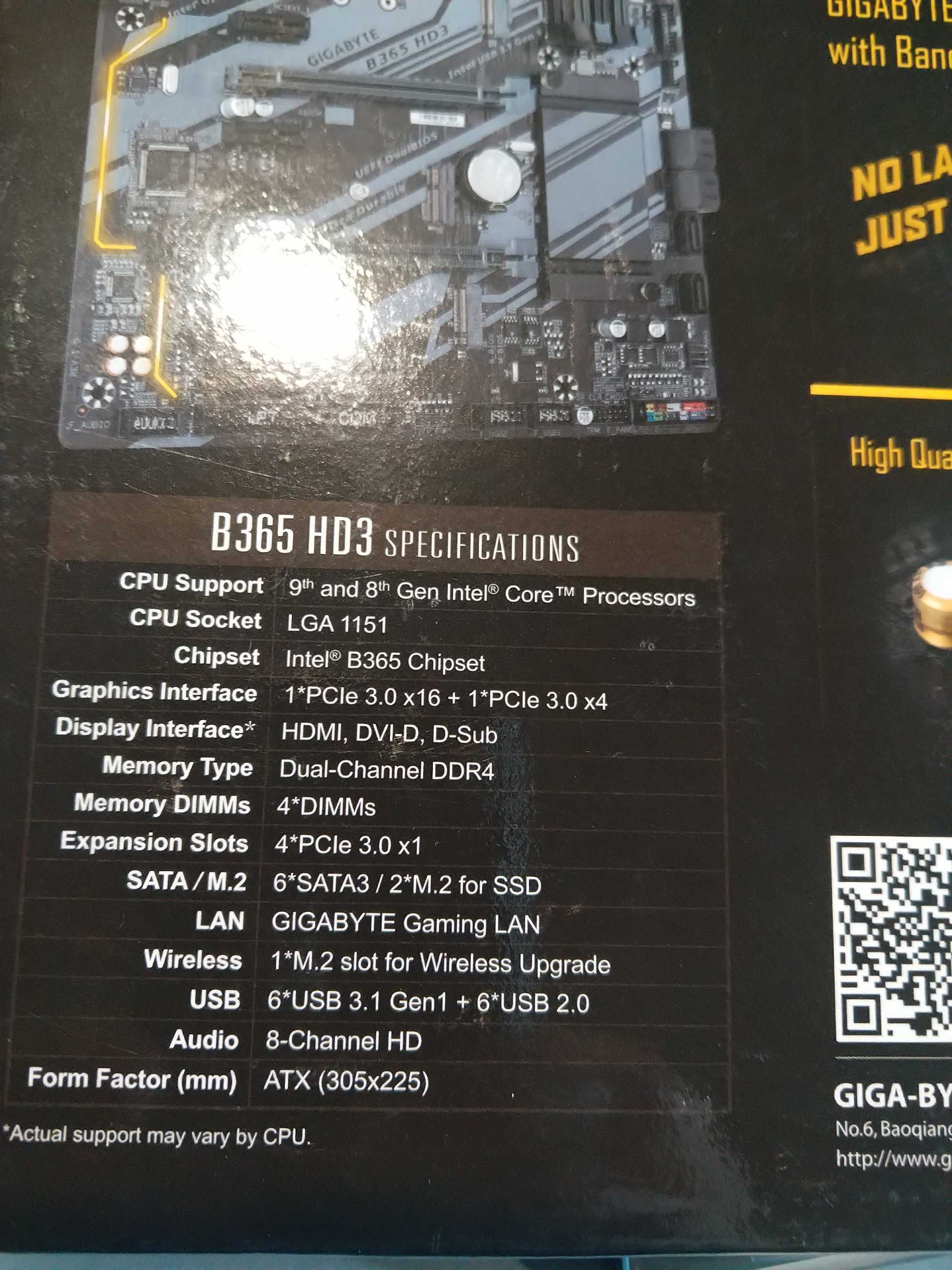 Płyta główna gigabyte B365 HD3 procesor I3-9100f 8GB RAM