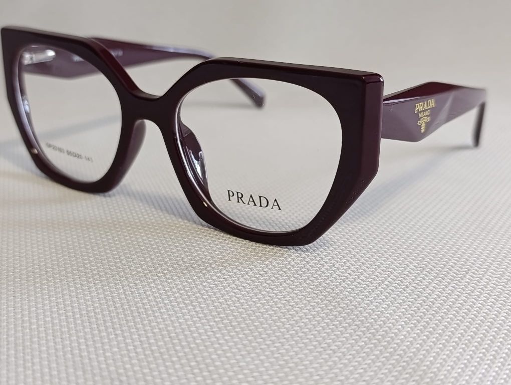 PRADA nowe damskie okulary zerówki oprawki bordo zlote logo