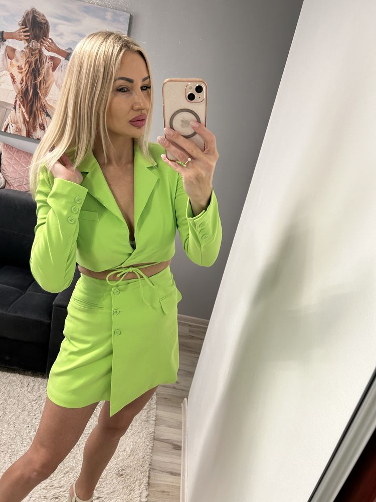 Komplet zara spodnica marynarka limonkowa r xs