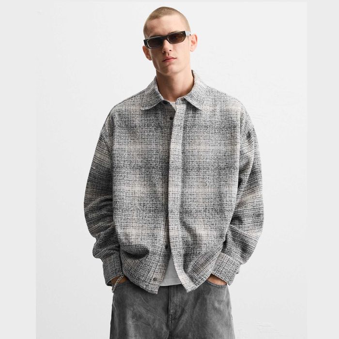 ZARA розмір L чоловіча Relaxed fit куртка сорочка біла сіра оверсайз