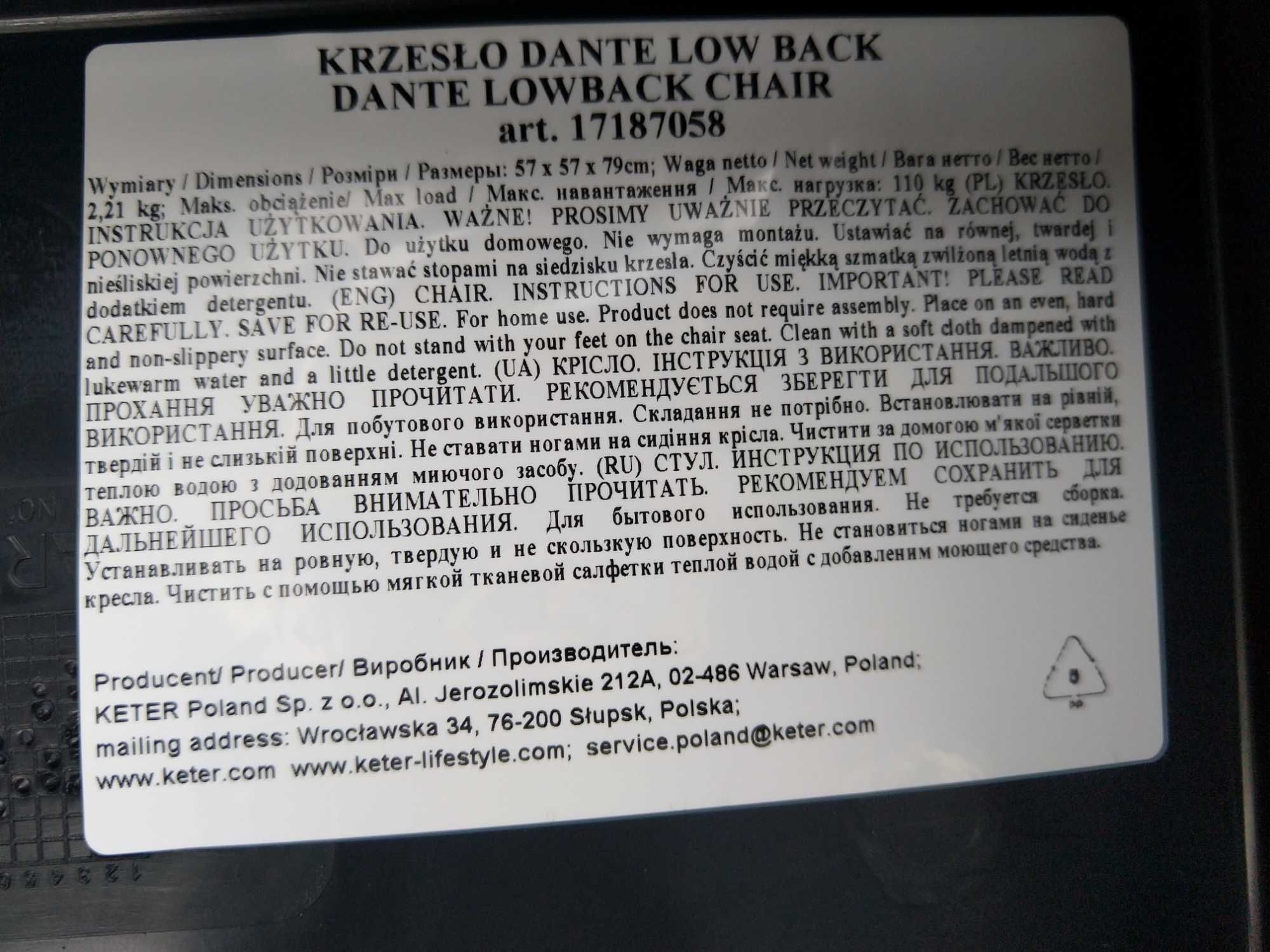 NAJTANIEJ Krzesło Ogrodowe Plastikowe Dante Grafit Low Back