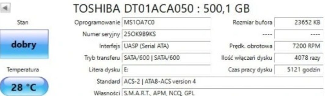 Dysk twardy 500GB HDD Toshiba
DTO1ACAO50 STAN BARDZO DOBRY