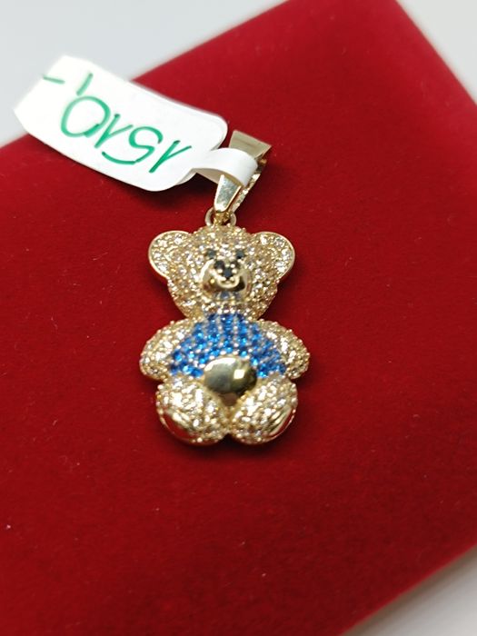 Złoty wisiorek Miś z biało niebieskimi cyrkoniami, złoto próby 585