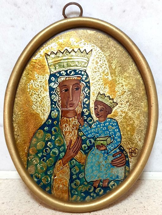 Linda pintura reversa sobre vidro "Nossa Senhora com o Menino"