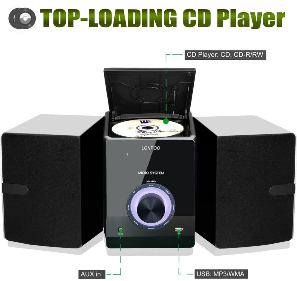 Lonpoo Micro HiFi z odtwarzaczem CD, Bluetooth, radiem FM, USB,