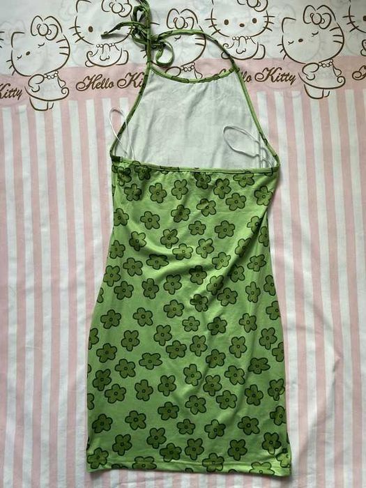 Zielona przylegająca wiązana na szyi sukienka w kwiatki Shein S/M/L