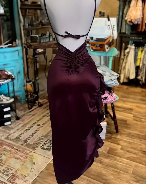 Жіноча бордова вечірня сукня-русалка - Без бретелей з бантом на спинi