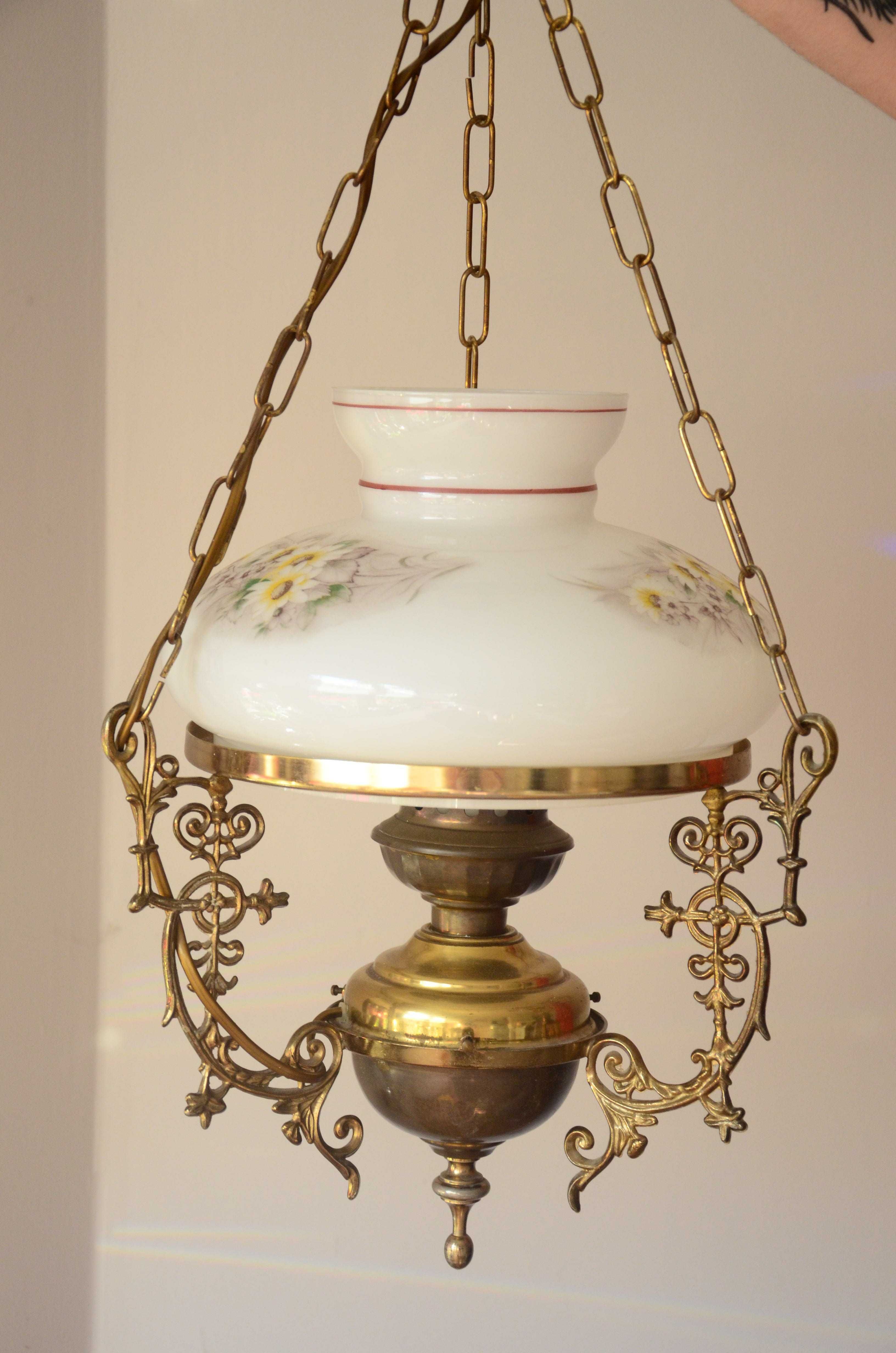 Zabytkowa lampa sufitowa z mosiądzu Klosz komin