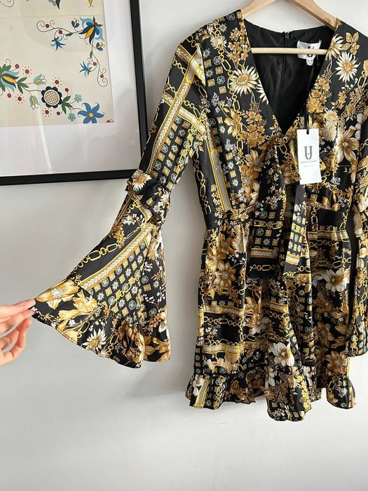 Nowa z metką sukienka mini złoto czarna z falbankami 38 U Collection