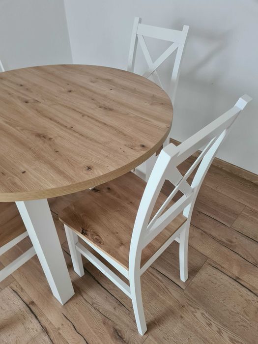 Stół okrągły 100 + 4 x krzesło Krzyżak Artisan/ biały