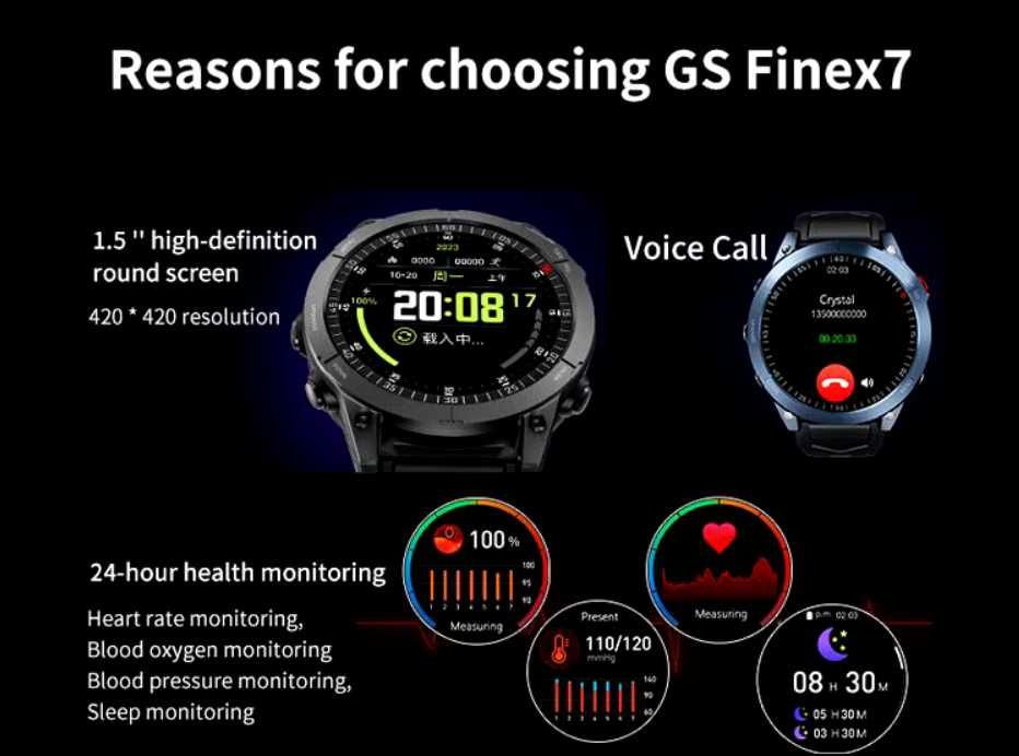 Smartwatch GS Fenix 7 , 1,5 cala ekran HD ,Pomiar Cukru we krwi