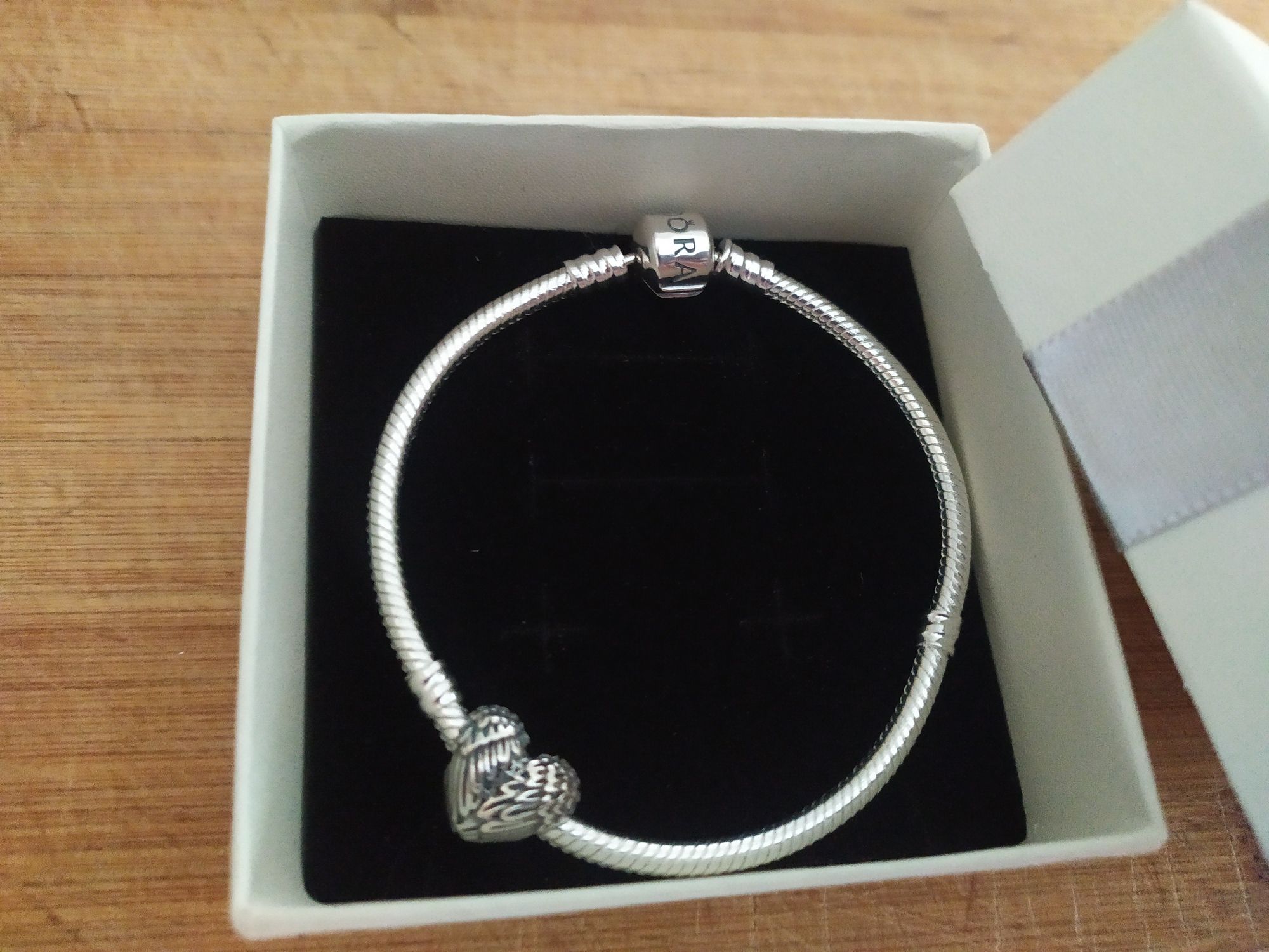 Bransoletka NOWA Pandora 18cm + charms serce, srebrne ALE S925, komple