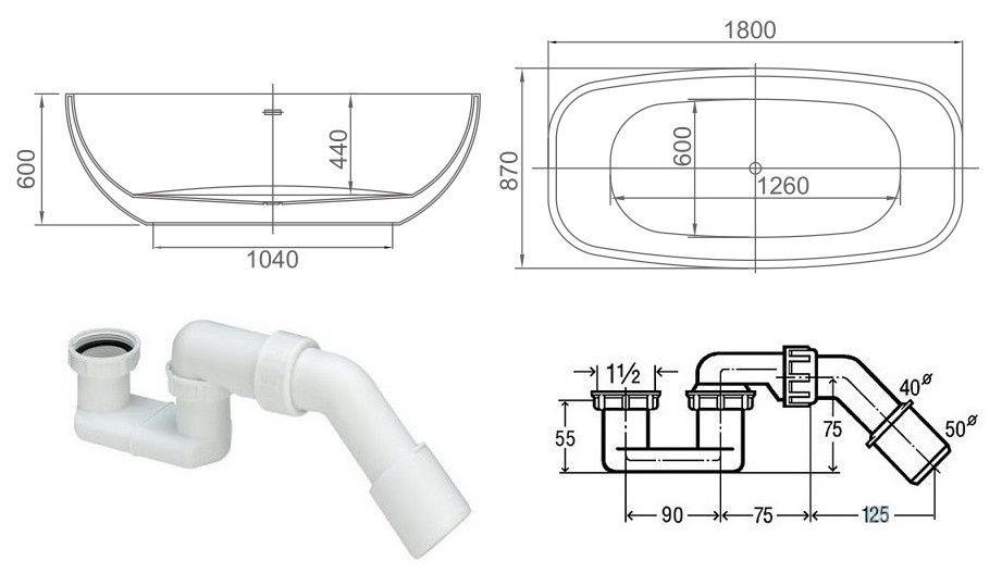 ScandiBath Hajmdal wanna wolnostojąca 180x87 + syfon klik-klak