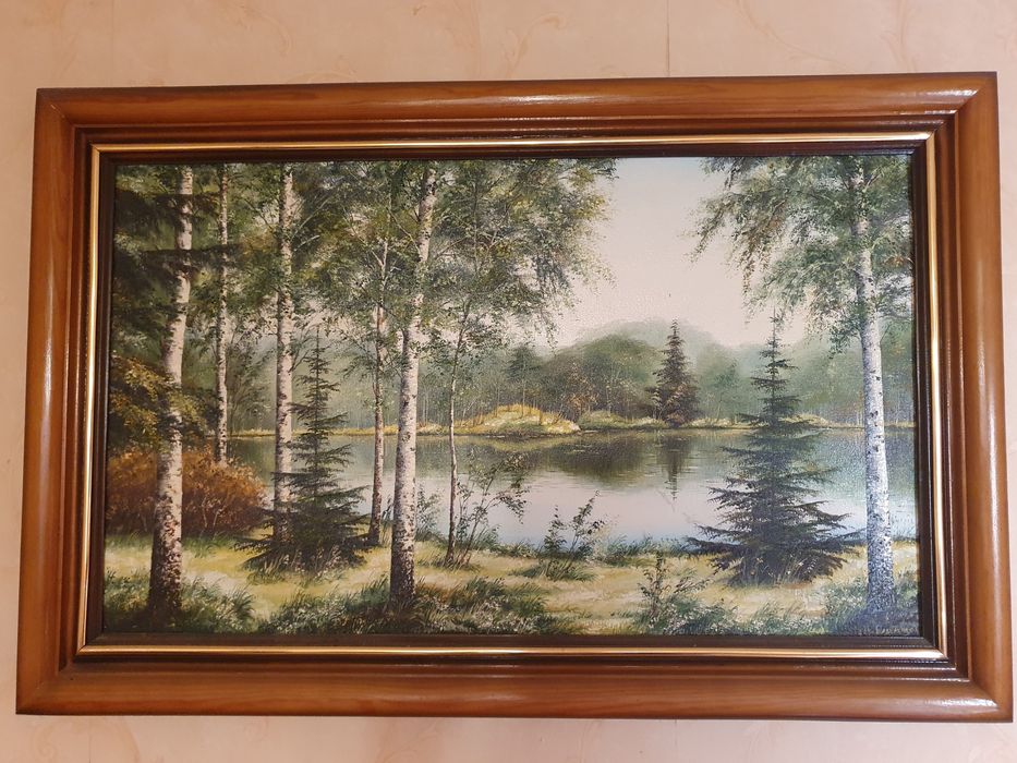 Картина маслом Березовая роща у озера худ. Шабельная 88х56 см, пейзаж