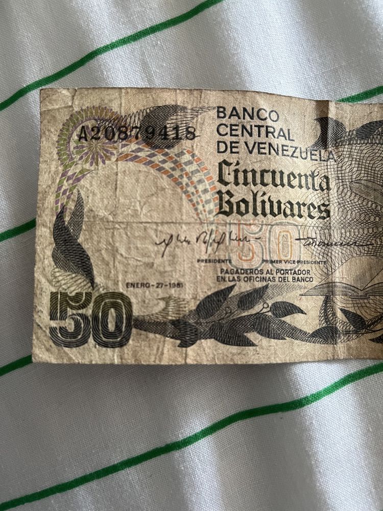 Nota venezuela antinga 20 bolivates e 50 bolivates anos 1980