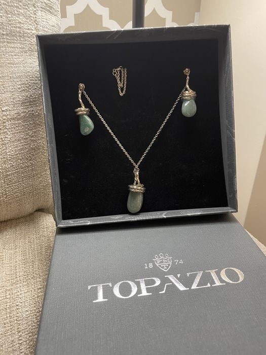Conjunto colar+brincos em prata e Quartzo verde