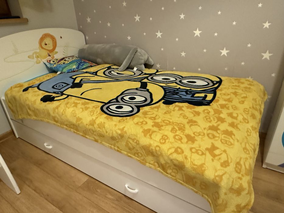 Lóżko dziecięce z szufladą, stelażem i materacem happy animals white