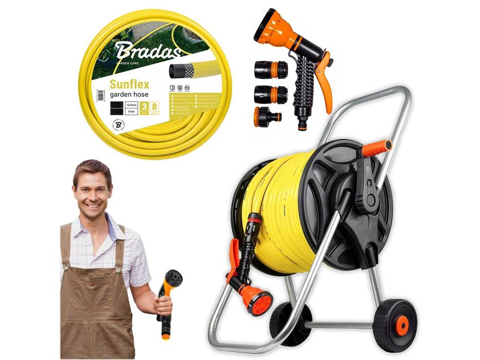 Wąż Ogrodowy 50m Na bębnie zwijany Zestaw + 4 Końcówki + GRATIS