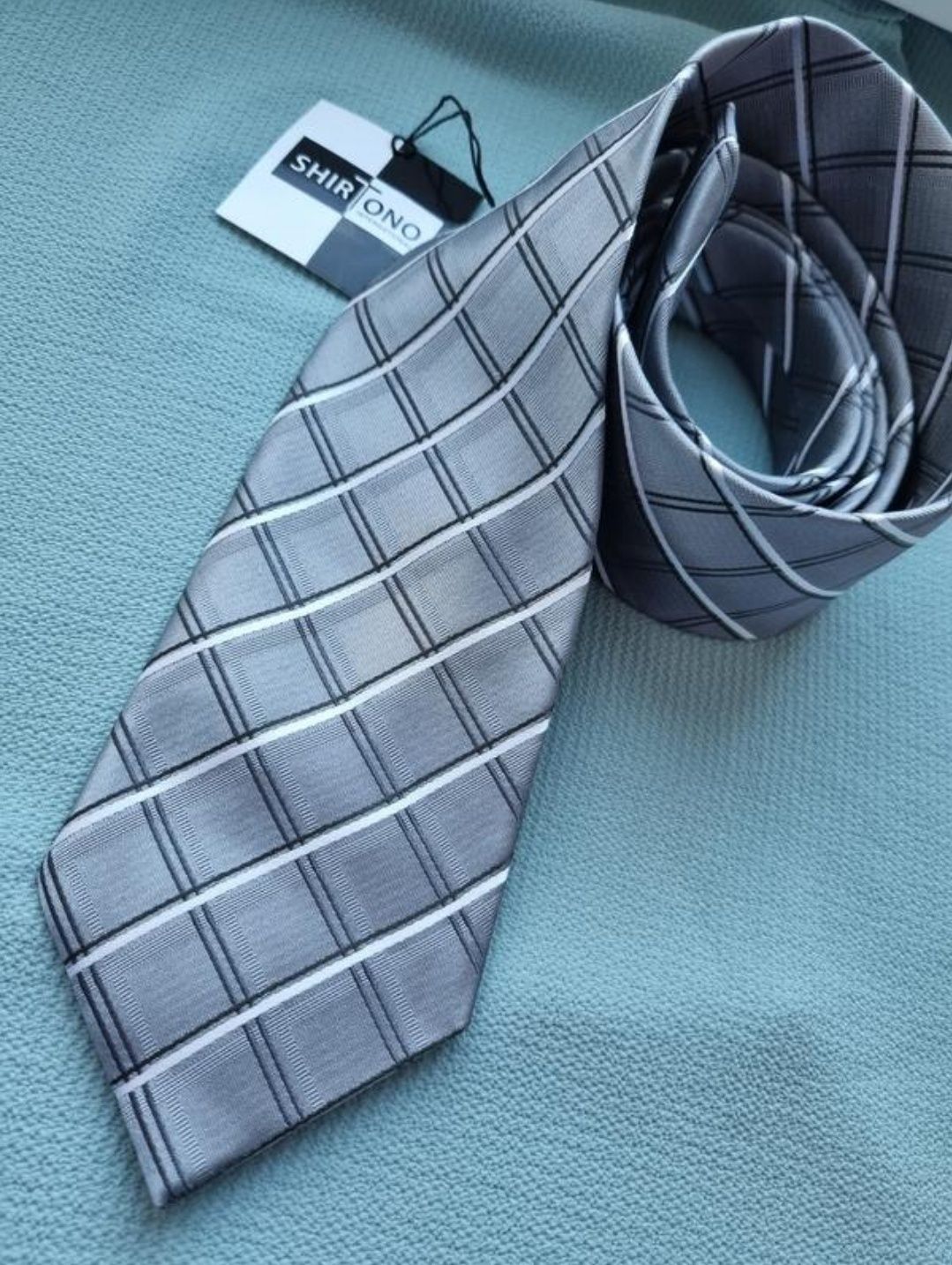 Нова шовкова сталева сіра оригінальна краватка в клітинку shirtono
