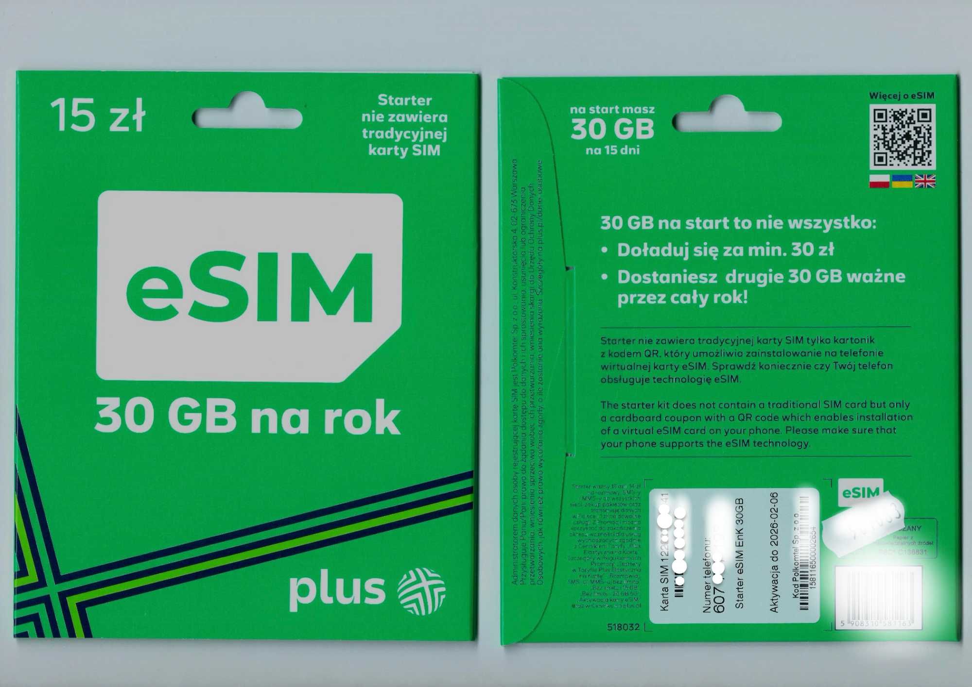 eSIM Plus PL +48 Starter Karta SIM Card Prepaid Operator Plus