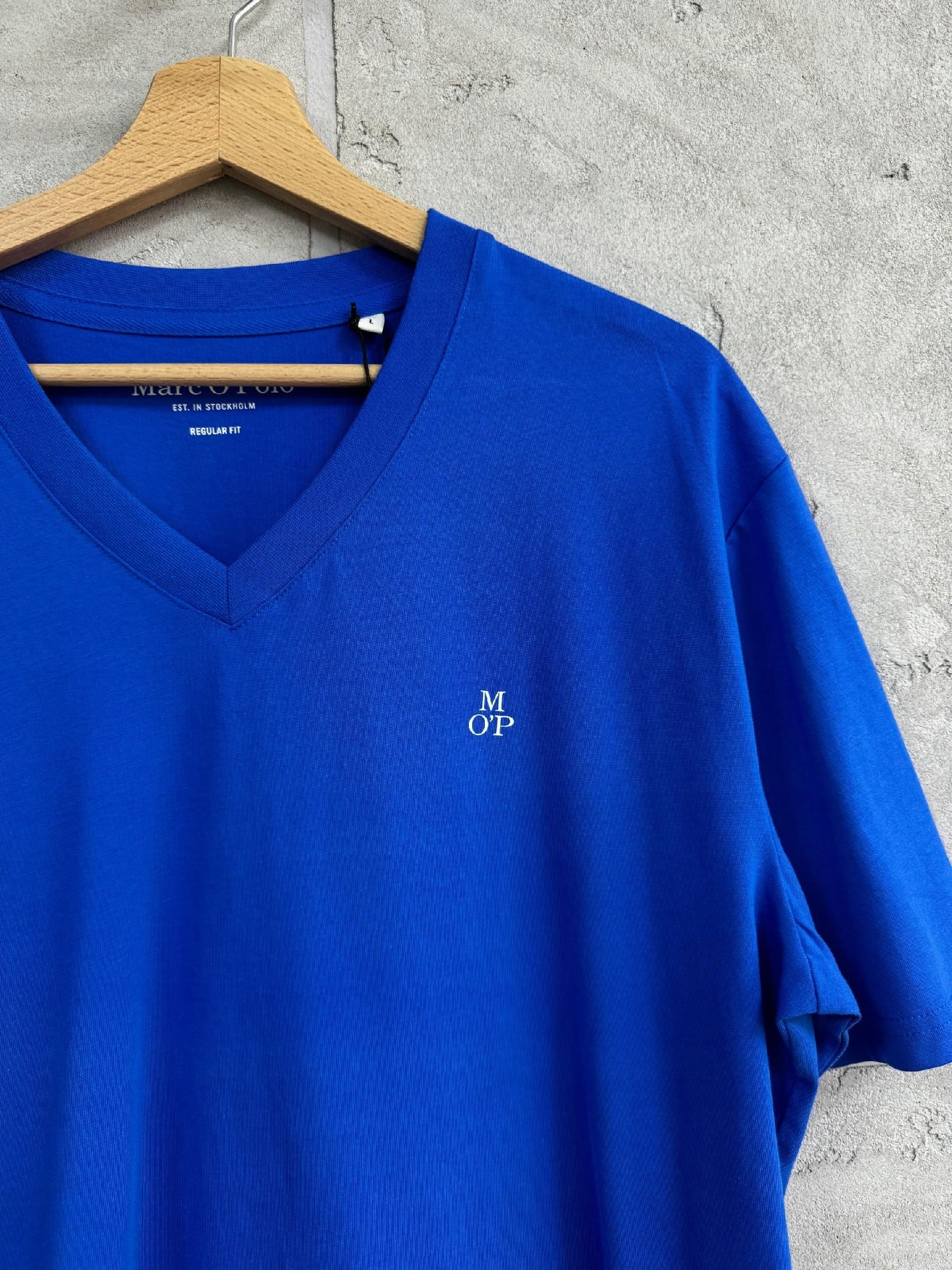 Marc O'Polo Niebieska Bluzka Męska T-shirt na Krótki Rękaw Dekolt M